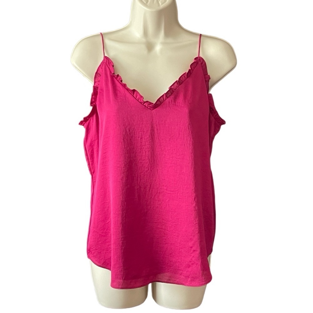 Express Satin Ruffle V Neck Cami Tank Top Magenta Womens Size S Lined Barbiecore